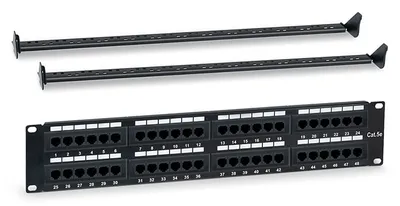 WRline WR-PL-48-C5E-D Патч-панель 19" (2U), 48 портов RJ-45, категория 5e, Dual IDC, с задним кабельным организатором, цвет черный