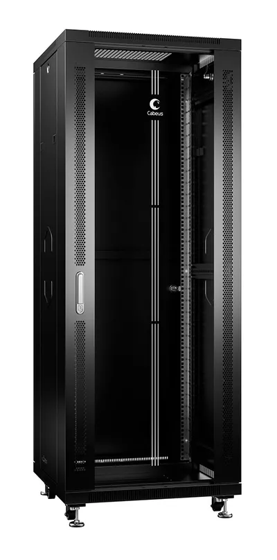 Cabeus SH-05C-32U60/60-BK Шкаф монтажный телекоммуникационный 19" напольный для распределительного и серверного оборудования 32U 600x600x1610mm (ШхГхВ) передняя стеклянная и задняя сплошная металлическая двери, ручка с замком, цвет черный (RAL 9004)