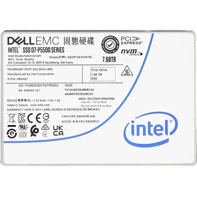 Твердотельный накопитель/ Intel SSD D7-P5500 Series, 7680GB, U.2 (2.5" 15mm), NVMe, PCIe 4.0 x4, TLC, R/W 7000/4300 MB/s, IOPS 1 000 000/130 000, TBW 14016, DWPD 1 (12 мес.)