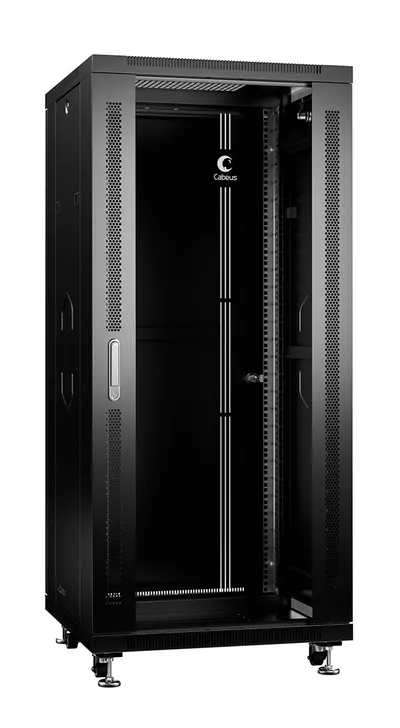 Cabeus SH-05C-27U60/100-BK Шкаф монтажный телекоммуникационный 19" напольный для распределительного и серверного оборудования 27U 600x1000x1388mm (ШхГхВ) передняя стеклянная и задняя сплошная металлическая двери, ручка с замком, цвет черный (RAL 9004)