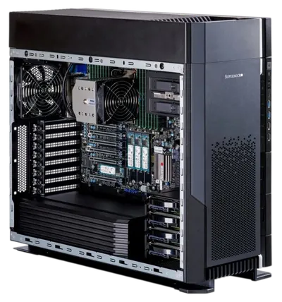 Серверная платформа/ Supermicro UP Workstation Server 5U (Full Tower), 1x LGA4677 (Intel® Xeon® W-3500/W-3400), Intel W790, 16x DDR5 up to 2TB, 4x fixed 3.5" NVMe*/SATA, 2x fixed 2.5" SATA, 4x M.2 NVMe PCIe 5.0 x4 (M-key 2280/22110), 2x 5.25" bays, 6x PCIe 5.0 x16 FHFL, 1x RJ45 10GbE with Marvell® AQC113, 1x RJ45 1GbE with Intel® I210-AT/ up to 1x quad-width/ 1x triple-width/ 4x double-width/ 4x single-width GPU, 1x 2000W Power