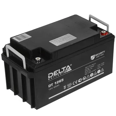 Батарея DELTA серия DT, DT 1265, напряжение 12В, емкость 65Ач (разряд 20 часов),  макс. ток разряда (5 сек.) 650А, макс. ток заряда 19.5А, свинцово-кислотная типа AGM, клеммы под болт М6, ДxШxВ 350х167х174мм., вес 21кг., срок службы 7-10 лет./ Battery DELTA series DT, DT 1265, voltage 12V, capacity 65Ah (discharge 20 hours), max. discharge current (5 sec.) 650A, max. charge current 19.5A, lead-acid type AGM, bolt terminals M6, LxWxH 350x167x174mm., weight 21kg., service life 7-10 years.