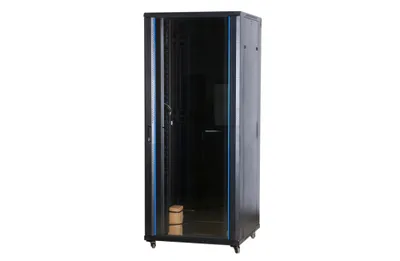 Рэковая стойка Wize Pro [W32U80R] 19, 32U, 600х800 мм, стеклянная передняя дверь, задняя дверь - металл, вент. панель с 2 вентиляторами, колеса, рэковые гайки: 20 шт, макс. вес нагрузки 800 кг, сталь, черный (2 места)