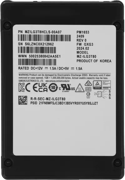Твердотельный накопитель Samsung Enterprise SSD, 2.5"(SFF) 15mm, PM1653, 3840GB (3.84TB), SAS 24Gb/s, R4200/W3700Mb/s, IOPS(R4K) 770K/135K, MTBF 2M, 1DWPD/5Y, TBW 7008TB, OEM (repl. MZILT3T8HBLS-00007)