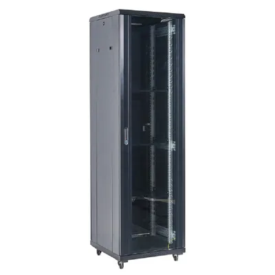 Шкаф коммутационный Rexant (04-1866-212) напольный 18U 600x600мм пер.дв.стекл 2 бок.пан. металл направл.под винты 800кг черный 46кг 230град. 987мм IP20 сталь