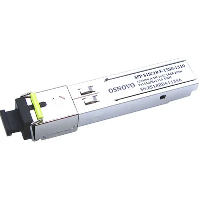 SFP-S1SC18-F-1550-1310 - Оптический SFP Модуль Osnovo. Одно волокно Single Mode. Скорость: до 155 мбит/c. Тип разъема: SC. Оптический бюджет: 18дБ. Расстояние передачи - до 20км. Рабочая длина волны,нм - Tx:1550/Rx:1310. Поддержка DDM.