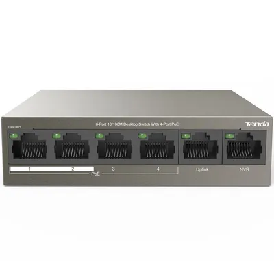 Коммутатор Tenda TEF1106P-4-63W, неуправляемый, 6×100M, 4×PoE, 63W