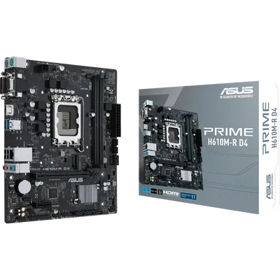ASUS PRIME H610M-R D4-SI (Socket 1700, mATX, 2xDDR4(64GB), VGA/DVI-D/HDMI 2.1, 1xPCIe 4.0x16/1xPCIe 3.0, 1xLAN, 4xSATA 6Gb/s, 1xM.2, 2xUSB 3.2, 2xUSB 2.0, 2xPS/2)