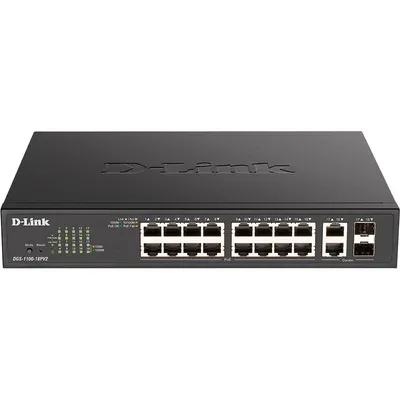 Коммутатор D-Link DGS-1100-18PV2/A3A, 16×1GbE PoE, 2 комбо SFP, L2, 130 Вт