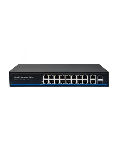 Управляемый L2 PoE коммутатор Gigabit Ethernet/ Управляемый L2 PoE коммутатор Gigabit Ethernet на 16 RJ45 PoE + 2 x RJ45 + 2 GE SFP портов. Порты: 16 x GE (10/100/1000 Base-T) с поддержкой PoE (IEEE 802.3af/at), 2 x GE (10/100/1000 Base-T) Uplink, 2 x GE SFP Uplink. Соответствует стандартам PoE IEEE 802.3af/at.  Автоматическое определение и режим антизависания PoE устройств. Мощность PoE на порт - до 30W. Суммарная мощность PoE до 300W. Поддержка режима CCTV: Увеличение расстояния передачи данны