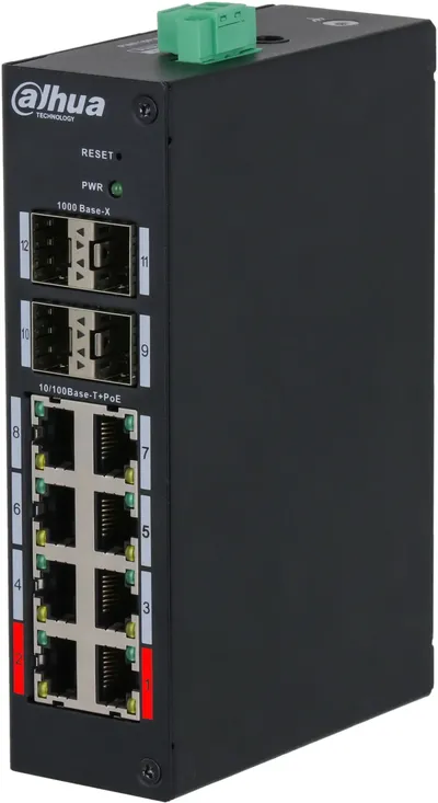 Коммутатор Dahua DH-HS4412-8ET-96, 8×PoE (до 90Вт), 4×SFP, 96Вт, промышленный