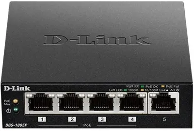 Коммутатор D-Link DGS-1005P/B3A, 5×1GbE, 4×PoE, 60 Вт