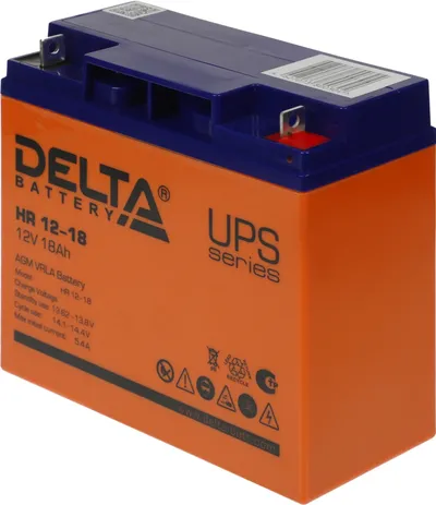 Батарея DELTA серия HR, HR 12-18, напряжение 12В, емкость 18Ач (разряд 20 часов),  макс. ток разряда (5 сек.) 230А, макс. ток заряда 5.4А, свинцово-кислотная типа AGM, клеммы под гайку и болт M5, ДxШxВ 181х77х167мм., вес 6.1кг., срок службы 8 лет./ Battery DELTA series HR, HR 12-18, voltage 12V, capacity 18Ah (discharge 20 hours), max. discharge current (5 sec.) 230A, max. charge current 5.4A, lead-acid type AGM, terminals for nut and bolt M5, LxWxH 181x77x167mm., weight 6.1kg., service life 8 y